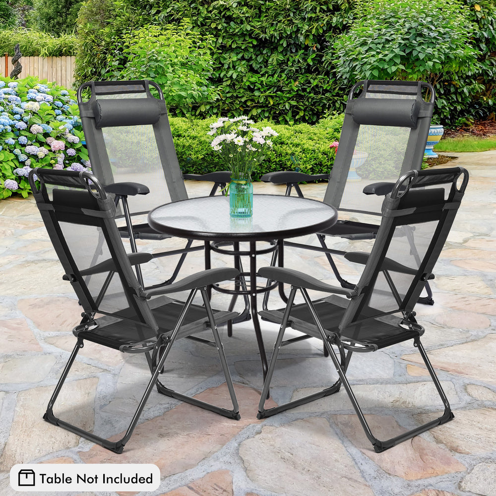 Two gray adjustable folding recliner chairs with steel frames and mesh design, perfect for outdoor relaxation.