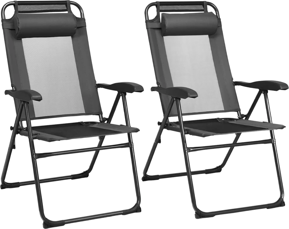 Two gray adjustable folding recliner chairs with steel frame and breathable mesh, perfect for outdoor relaxation.