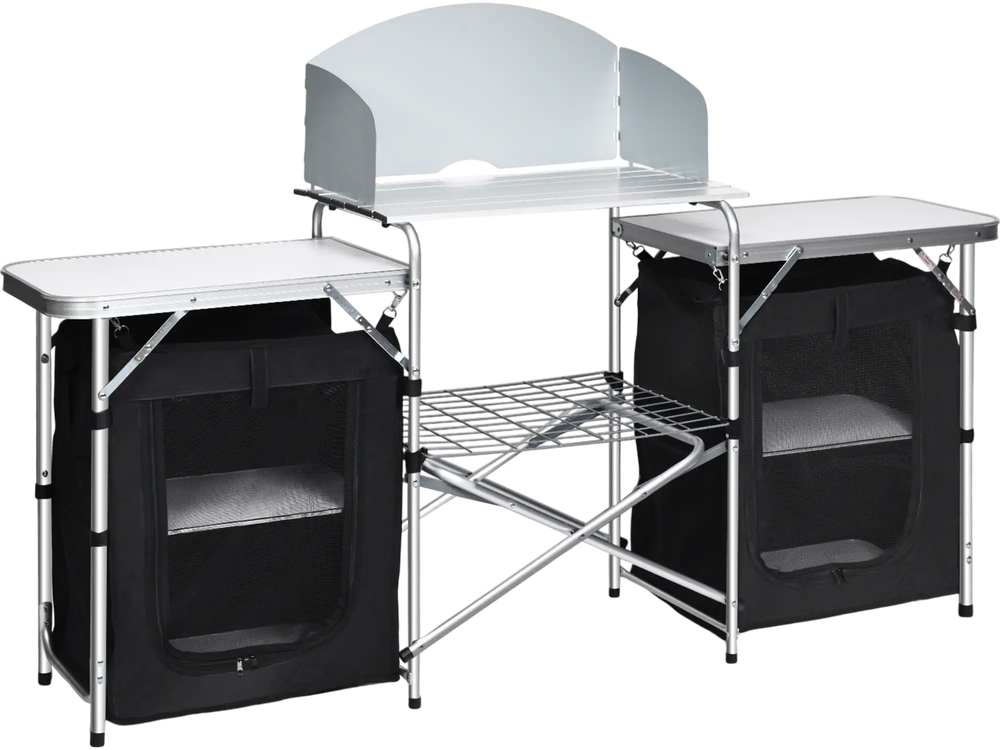 Folding camping table with storage organizer, featuring two side tables and a large countertop for outdoor cooking.