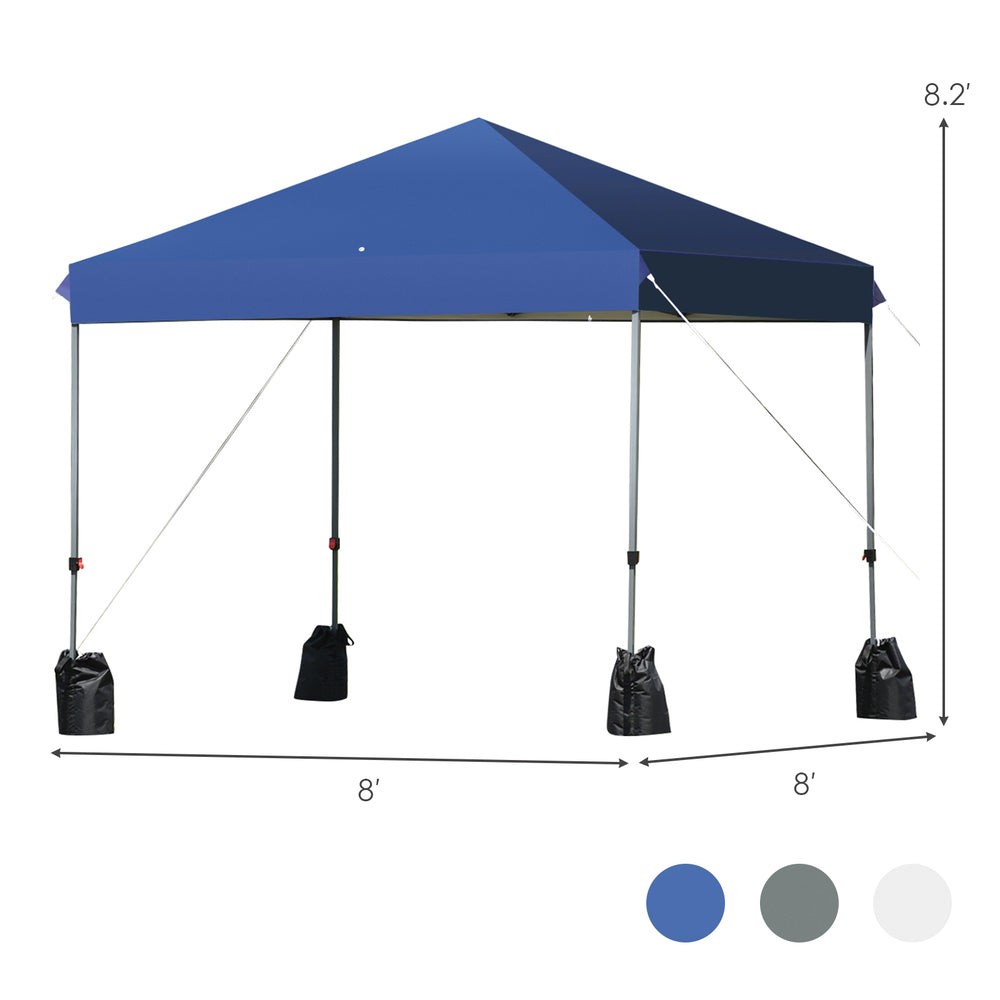 8'x8' blue outdoor pop-up canopy tent featuring a durable frame, side view with sandbags for enhanced stability.