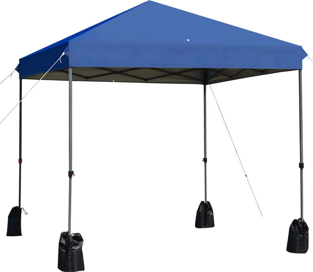 Blue 8’x8' outdoor pop-up canopy tent with adjustable height, sturdy steel frame, ideal for parties and camping.