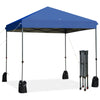 Blue 8'x8' outdoor pop-up canopy tent with a sturdy steel frame, adjustable height, and portable roller bag for easy.