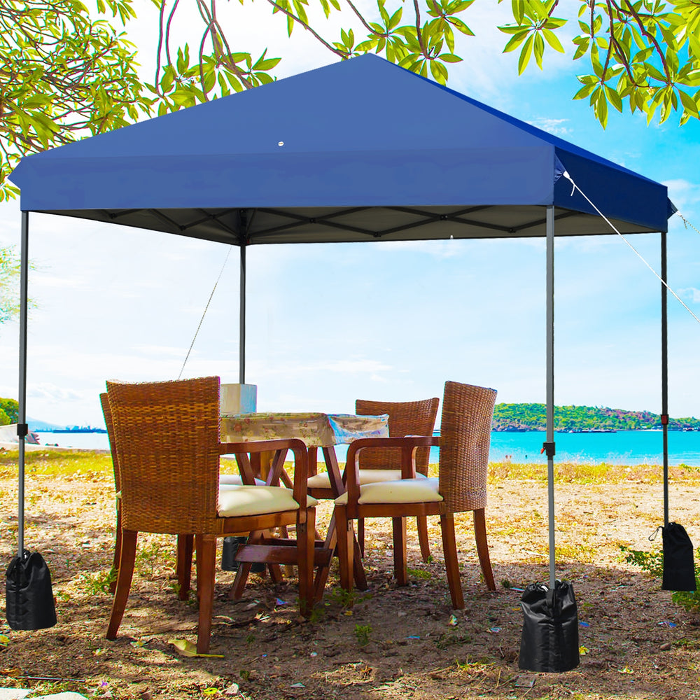 Blue 8’x8' outdoor pop-up canopy tent with sturdy steel frame, providing shade for outdoor gatherings and activities.