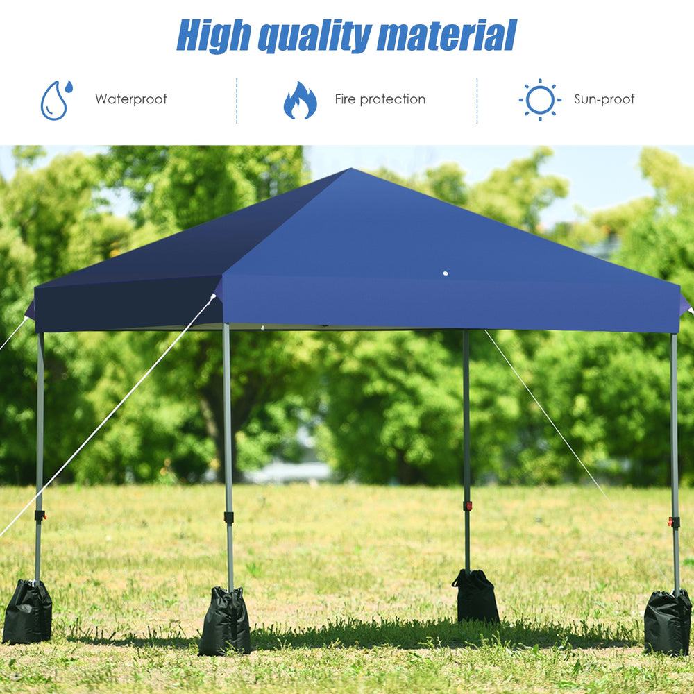 Blue 8’x8' outdoor pop-up canopy tent with adjustable height, sturdy steel frame, ideal for outdoor activities.