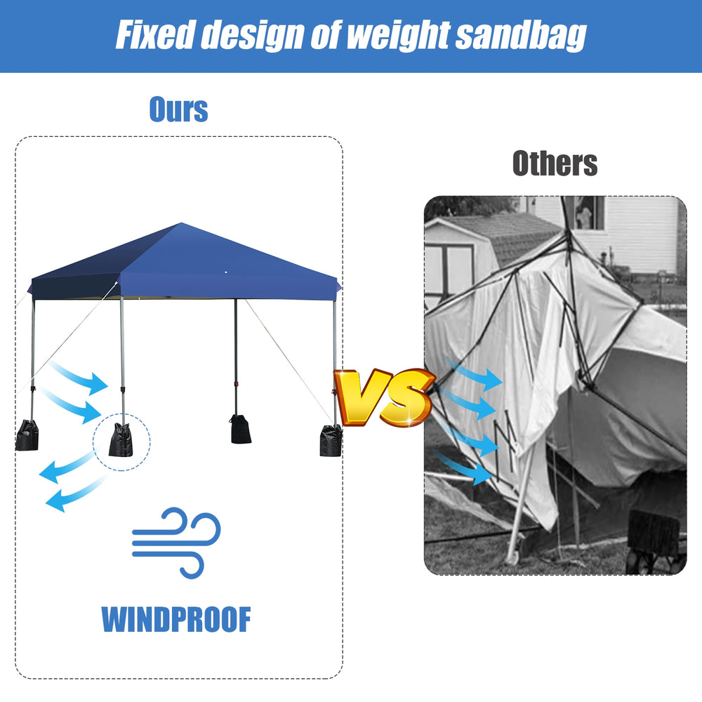 8’x8' blue outdoor pop-up canopy tent with adjustable height, sturdy steel frame, and windproof sandbags for stability.