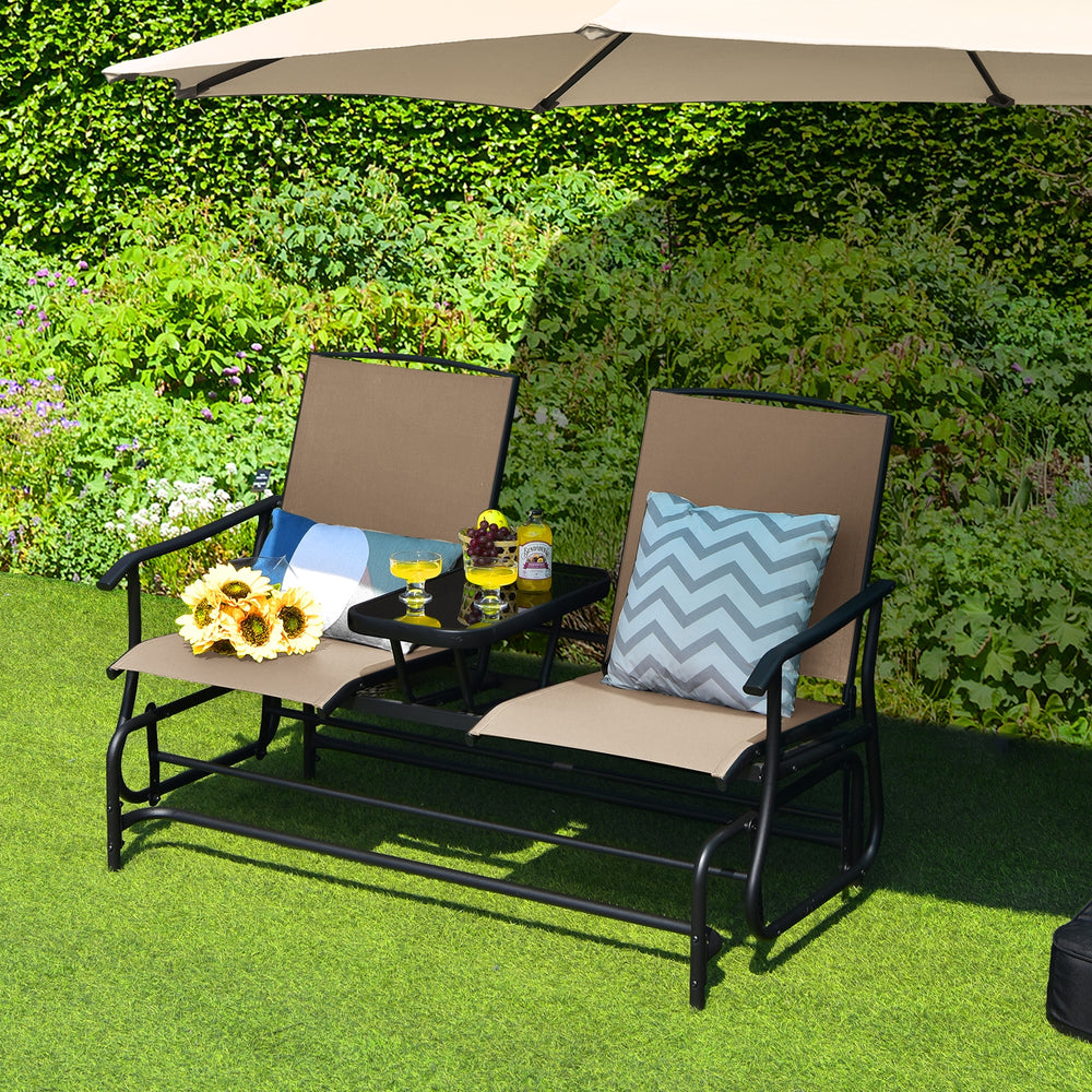 2-Person Rocking Loveseat with Mesh Fabric and Tempered Glass Table - Gallery View 1 of 11