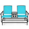 Double rocking loveseat in turquoise with tempered glass table, ergonomic design, perfect for outdoor relaxation.