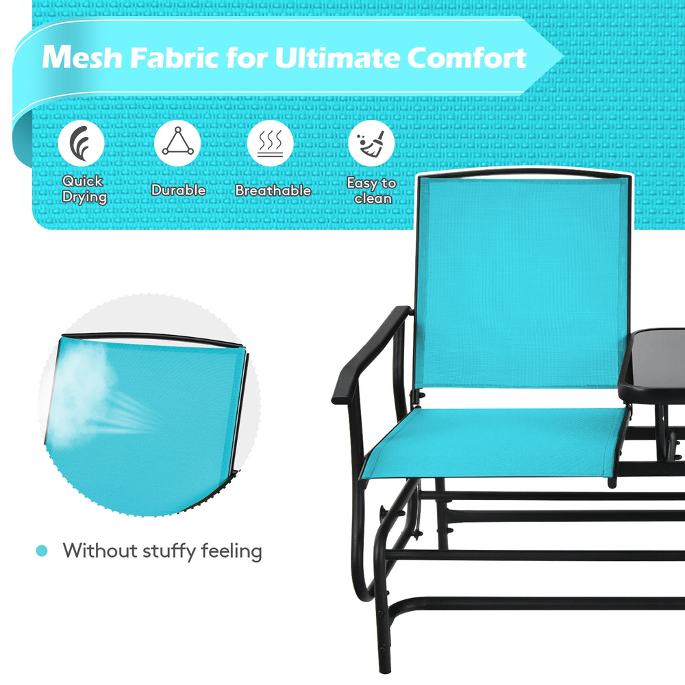 Turquoise 2-person double rocking loveseat with mesh fabric and tempered glass table, perfect for outdoor relaxation.