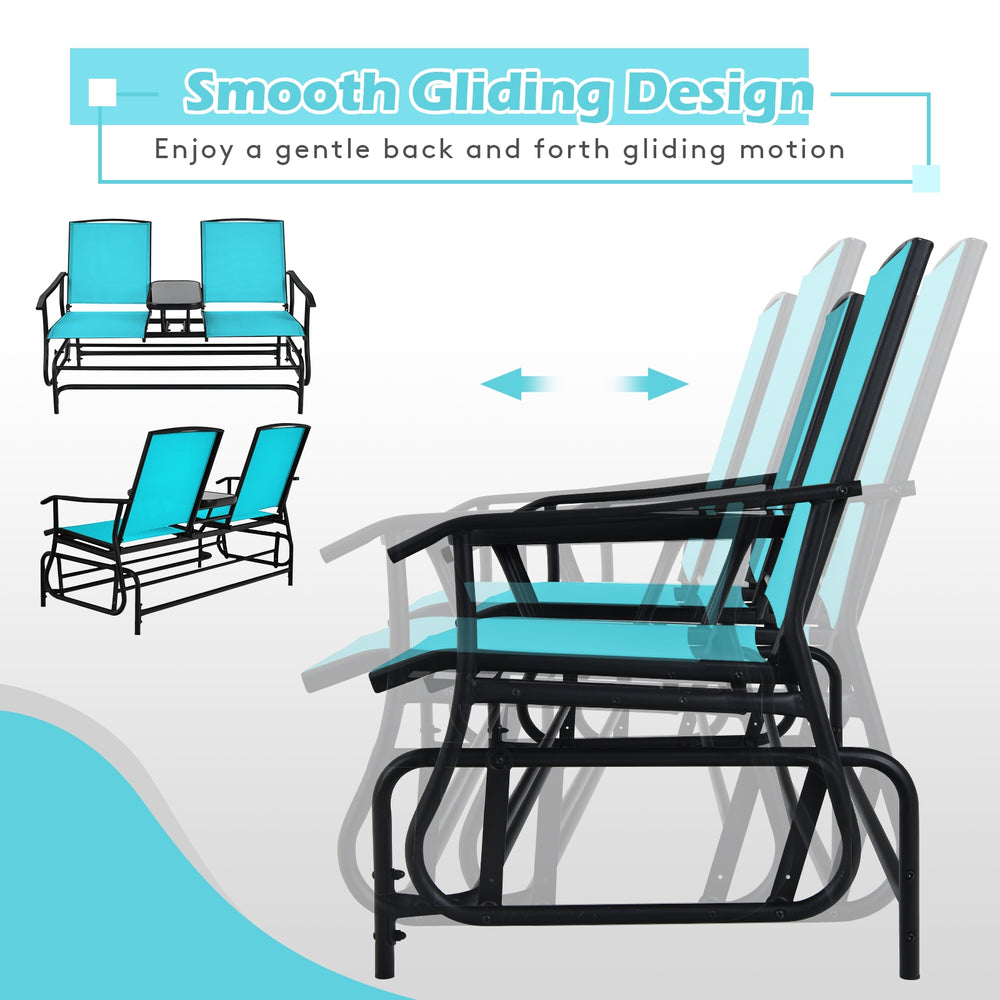 Double rocking loveseat in turquoise with tempered glass table, featuring ergonomic armrests and smooth gliding design.