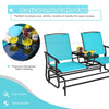 Turquoise 2-person double rocking loveseat with tempered glass table, perfect for outdoor relaxation and easy access to.