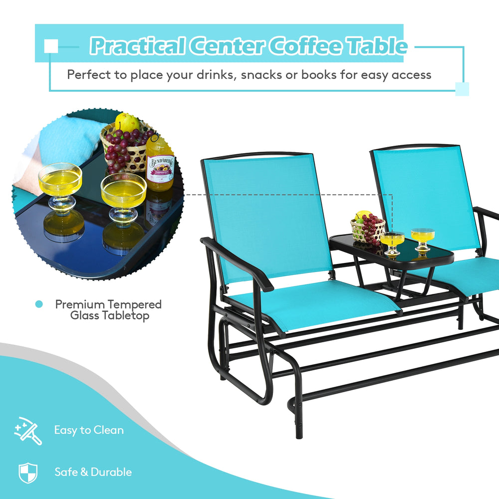 Turquoise 2-person double rocking loveseat with tempered glass table, perfect for outdoor relaxation and easy access to.