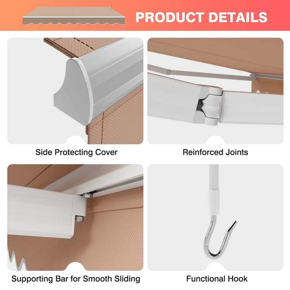 Detail of the 10 x 8.2 feet retractable awning showcasing reinforced joints and functional hook for easy operation.