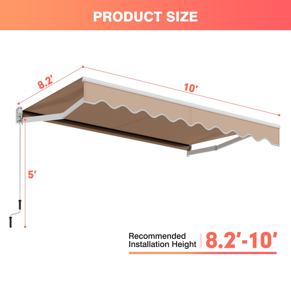 Retractable 10 x 8.2 feet awning in beige with manual crank, suitable for installation heights of 8.2'-10'.
