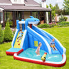 Inflatable water slide park featuring a shark design, climbing wall, splash pool, and water cannon for outdoor fun.