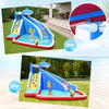 Inflatable water slide park featuring a long slide, climbing wall, and splash pool for kids' outdoor fun.