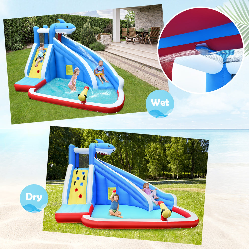 Inflatable water slide park featuring a long slide, climbing wall, and splash pool for kids' outdoor fun.