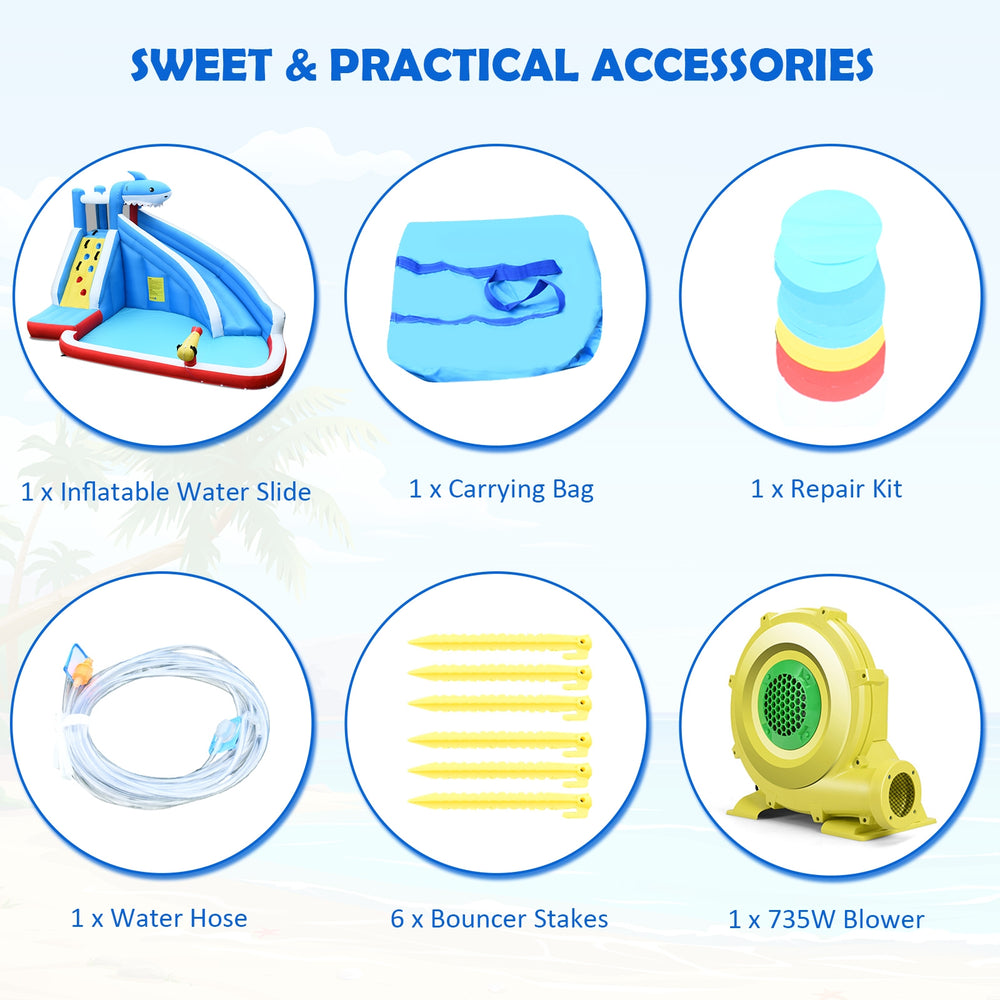 Inflatable water slide park accessories including a water hose, blower, carrying bag, and bouncer stakes for easy setup.