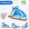 4-in-1 inflatable water slide park featuring a shark design, climbing wall, splash pool, and water cannon for kids' fun.