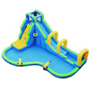 Inflatable water slide with climbing wall, splash pool, and water cannons, perfect for kids' outdoor fun.