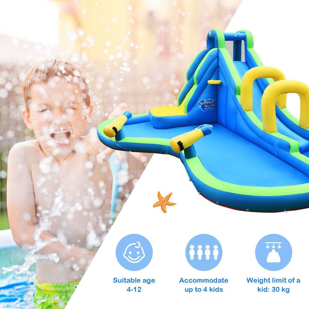 Inflatable water slide with climbing wall and water cannons, made of durable Oxford cloth, for 4 kids aged 4-12.