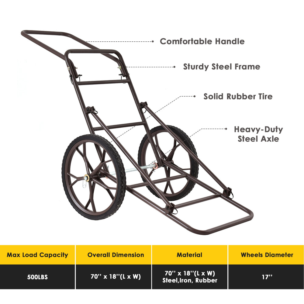 Folding deer game cart with large 17" wheels, sturdy steel frame, and heavy-duty rubber tires for easy transport.