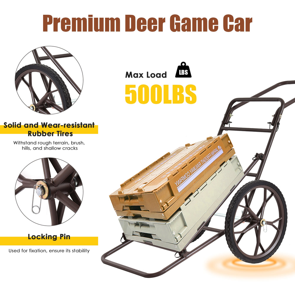 Larger Capacity Folding Deer Game Cart with 17" wheels and heavy-duty steel frame, designed for transporting game.