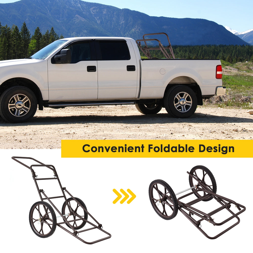 Folding deer game cart with large 17" wheels and heavy-duty steel frame, ideal for transporting game outdoors.