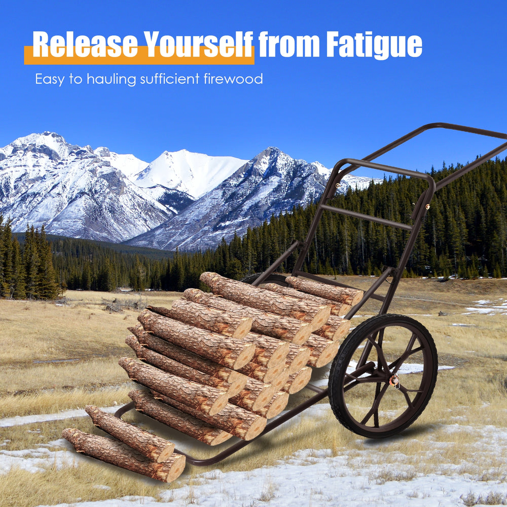 Folding deer game cart with large 17" wheels, sturdy steel frame, and capacity for hauling firewood outdoors.