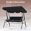 3-seat outdoor patio canopy swing with cushioned black steel frame, dimensions shown for easy assembly and placement.