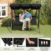 Three-seat outdoor patio canopy swing in black with cushioned seats, perfect for relaxation and protection from the.
