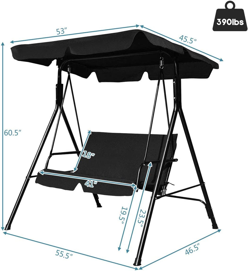 Cushioned patio swing glider with black steel frame and waterproof canopy, measuring 53" x 60.5", for outdoor.