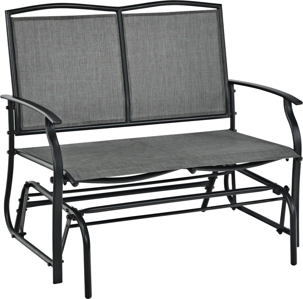 Gray iron patio rocking chair with durable metal frame, suitable for two, perfect for outdoor relaxation.