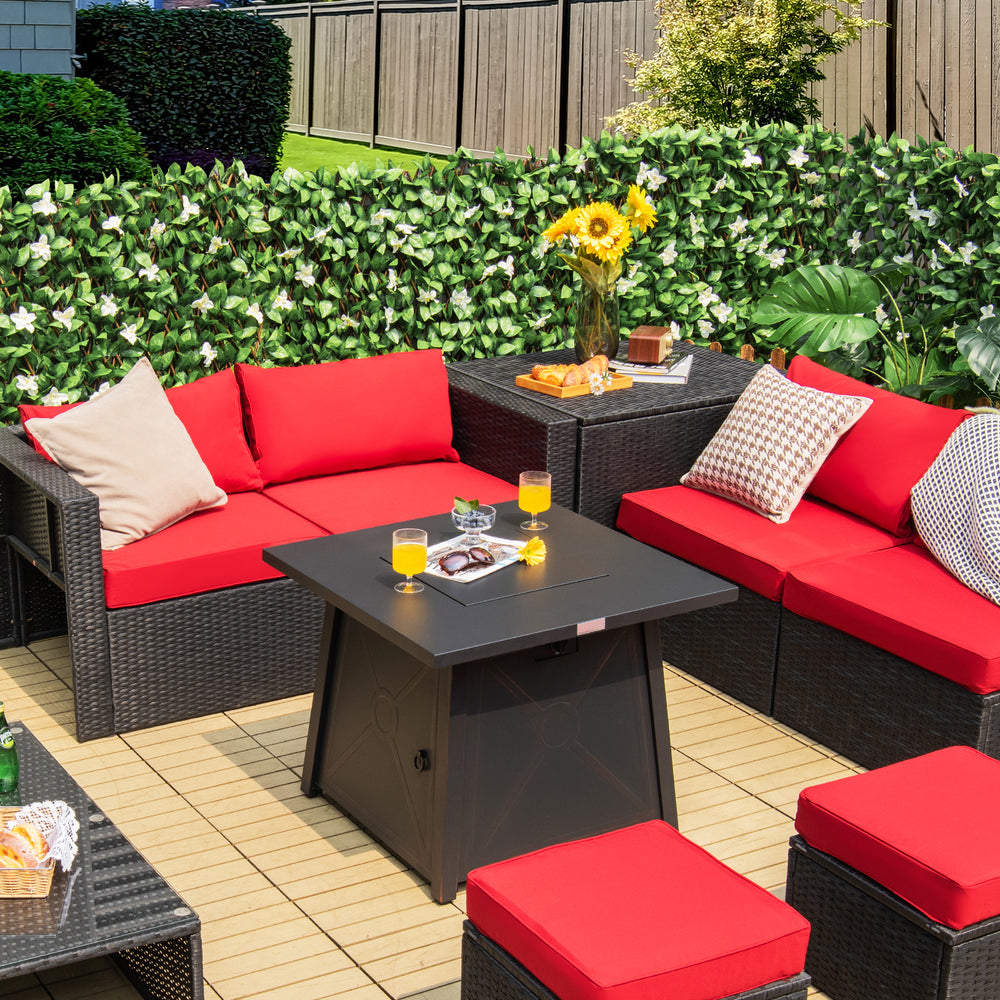 30-inch square propane gas fire table with waterproof cover, featuring a sturdy steel frame and 50,000 BTU heat output.