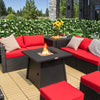 30-inch square propane gas fire table with red cushions, providing 50,000 BTU heat, perfect for outdoor gatherings.