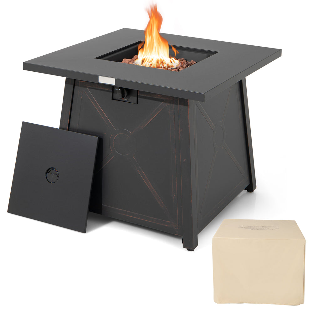 30-inch square propane gas fire table with a waterproof cover, featuring a 50,000 BTU output for outdoor warmth and.