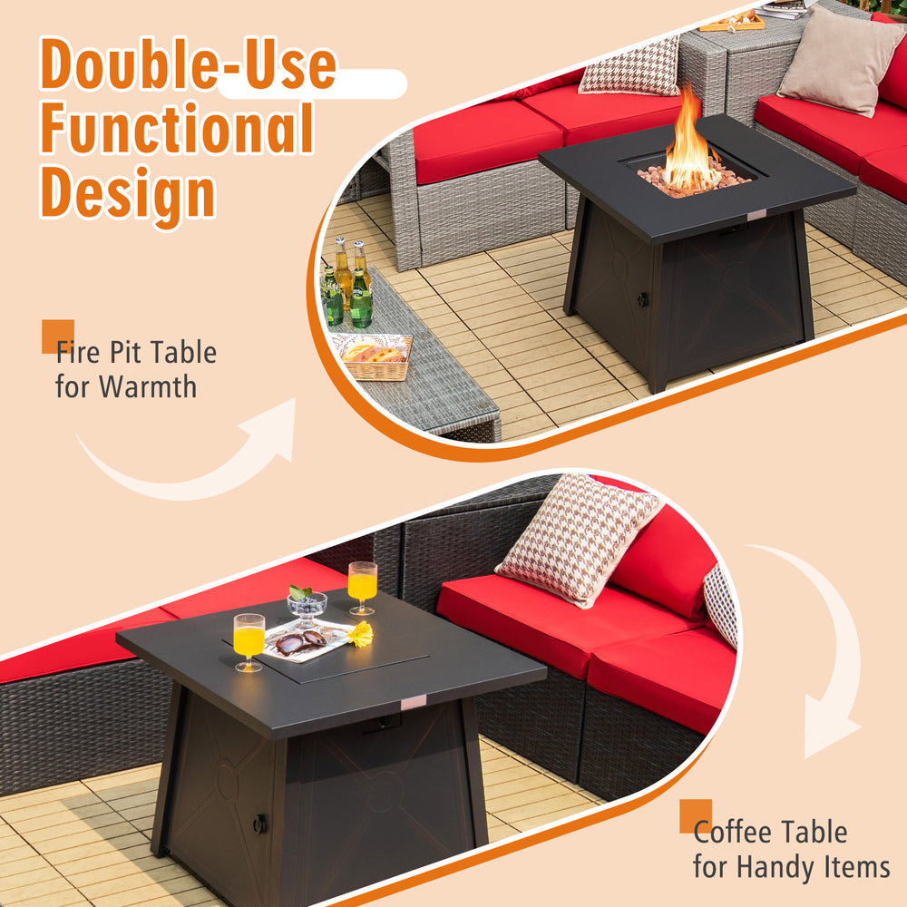 30-inch square propane gas fire table with waterproof cover, featuring dual use as a fire pit and coffee table for.
