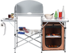 Foldable outdoor BBQ grilling table with windscreen, aluminum frame, and storage bag for camping convenience.