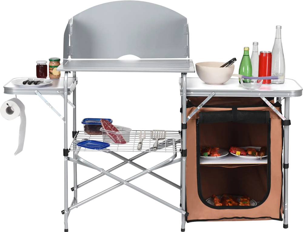 Foldable outdoor BBQ grilling table with windscreen, aluminum frame, and storage bag for camping convenience.