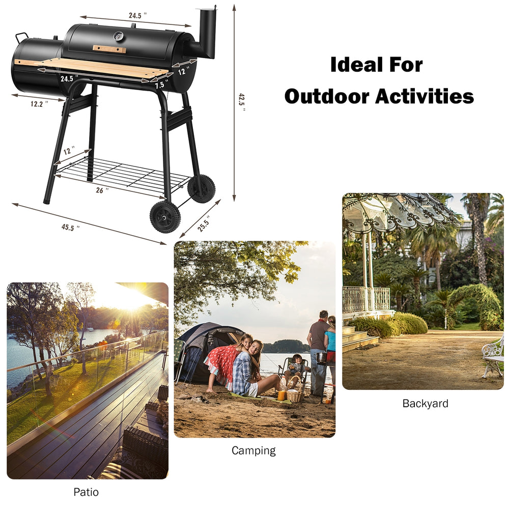 Outdoor BBQ grill with heavy-duty steel construction and side shelf, ideal for patio and backyard cooking activities.