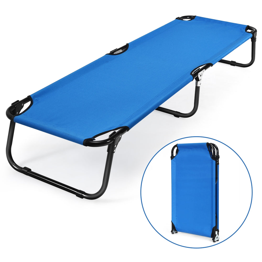 Portable folding camping cot in blue with a sturdy iron frame, ideal for outdoor activities and easy storage.