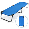 Portable folding camping cot in blue with a sturdy iron frame, ideal for outdoor activities and easy storage.