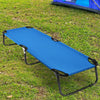 Portable folding camping cot in blue with a sturdy iron frame, ideal for outdoor activities like hiking and traveling.