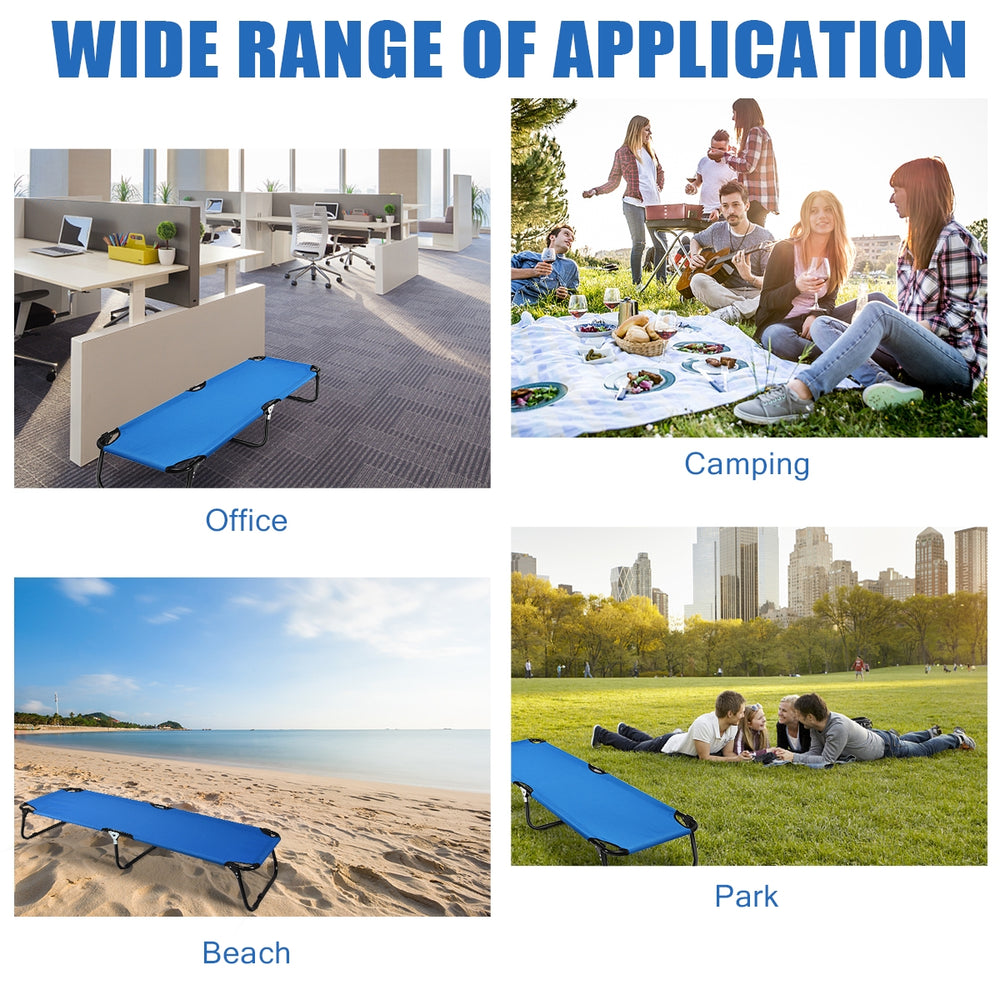 Portable folding camping cot with breathable 600D Oxford cloth, ideal for outdoor activities like camping and hiking.