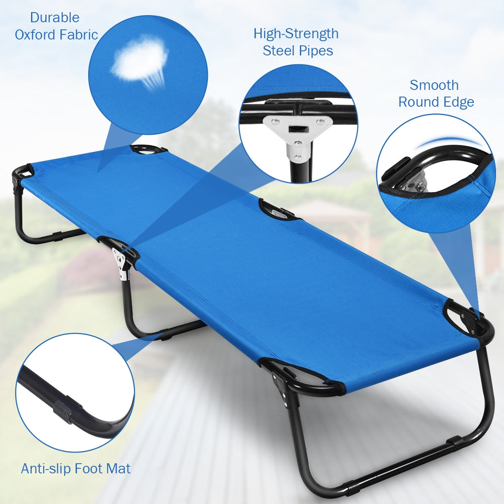 Portable folding camping cot with durable 600D Oxford fabric and rust-resistant iron frame, ideal for outdoor use.