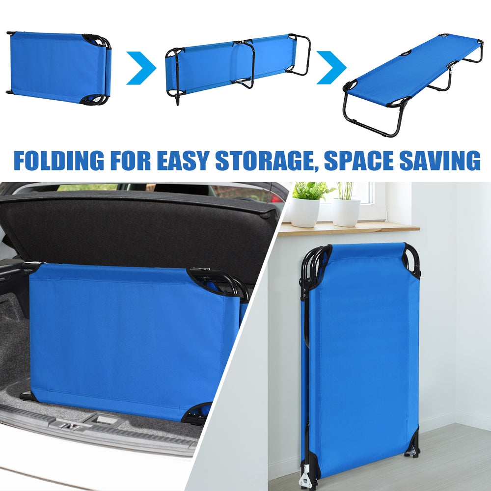 Folding camping cot with a lightweight design, featuring non-slip foot mats for stability and easy transport for.