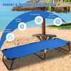 Portable folding camping cot with sturdy iron frame and breathable 600D Oxford cloth, ideal for outdoor activities.