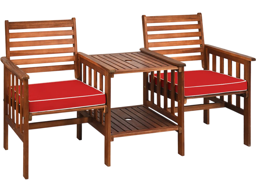 Outdoor patio loveseat set featuring acacia wood chairs with red cushions and a coffee table, perfect for garden.