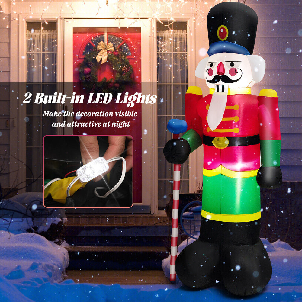 8-foot inflatable nutcracker soldier with 2 LED lights, made of waterproof polyester, perfect for outdoor Christmas.