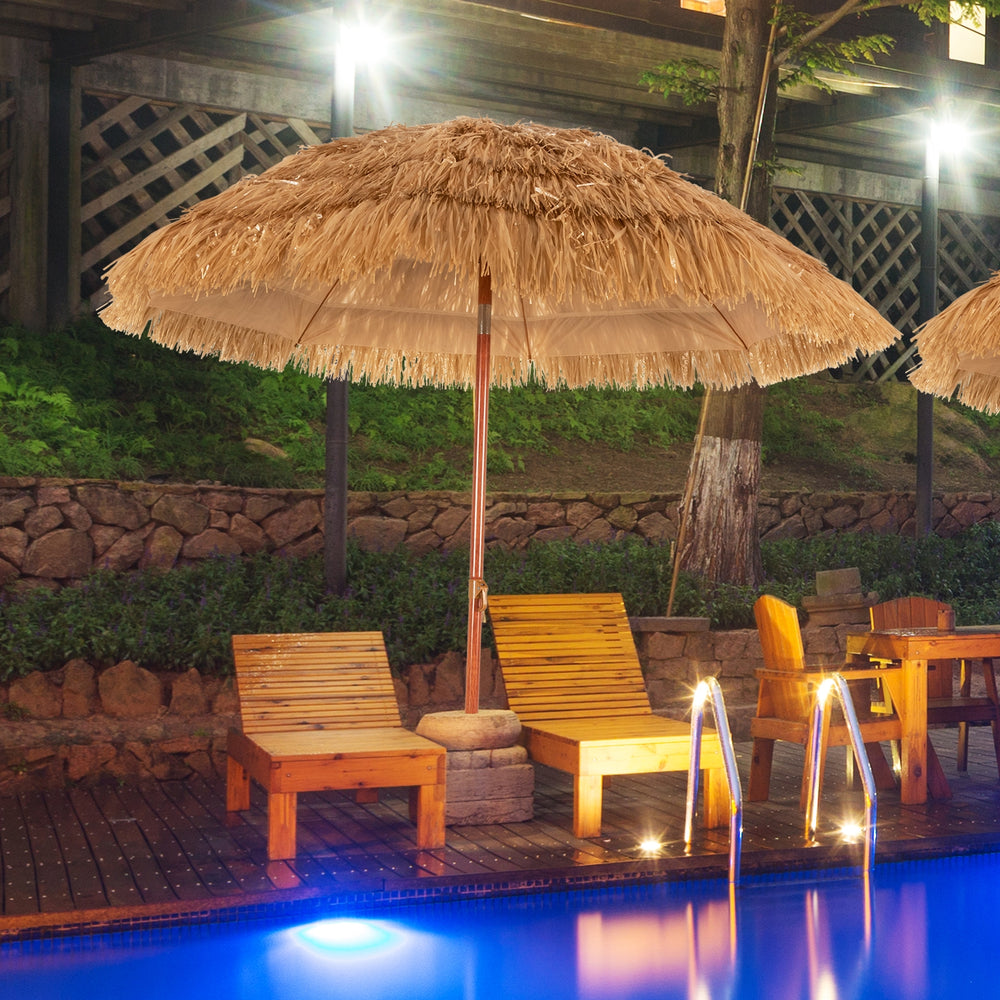 Thatched tiki beach umbrella with adjustable tilt, iron structure, and premium PP canopy for outdoor relaxation by the.