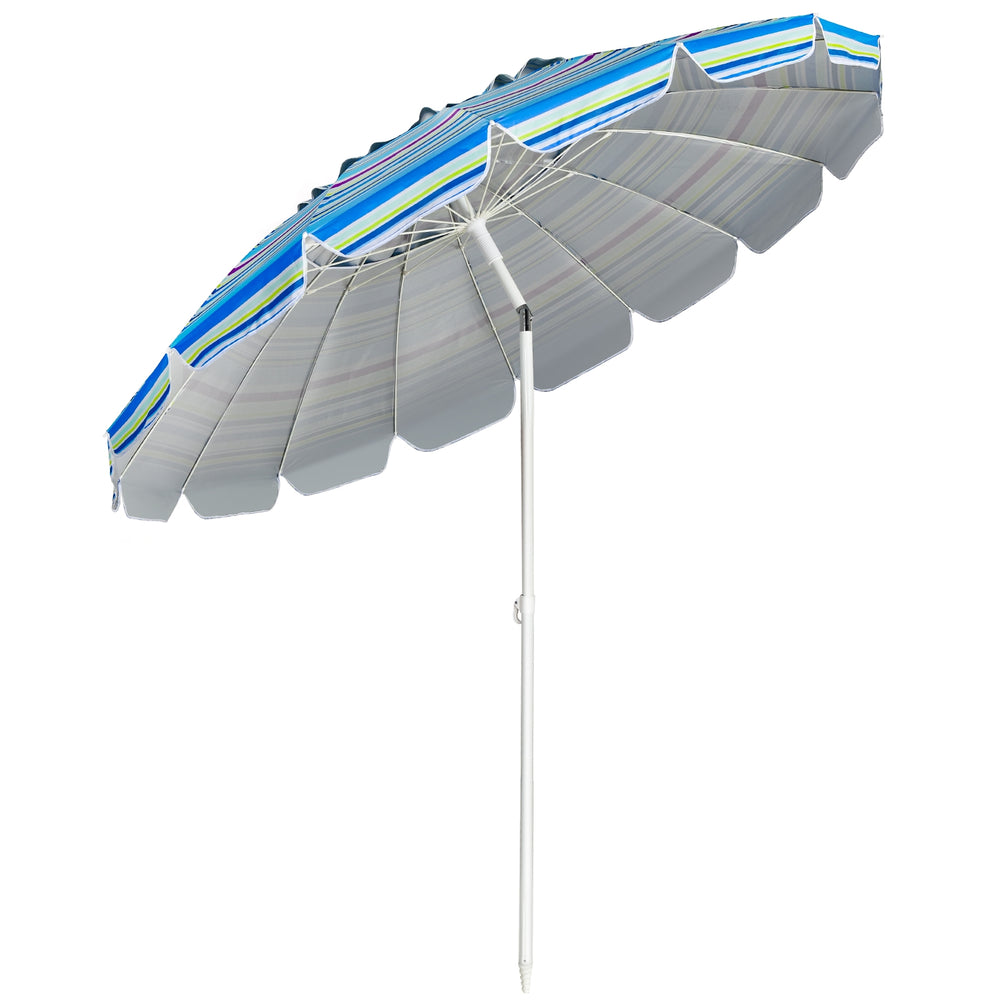 8FT portable beach umbrella with blue striped canopy, tilt mechanism, and sand anchor for garden and patio use.